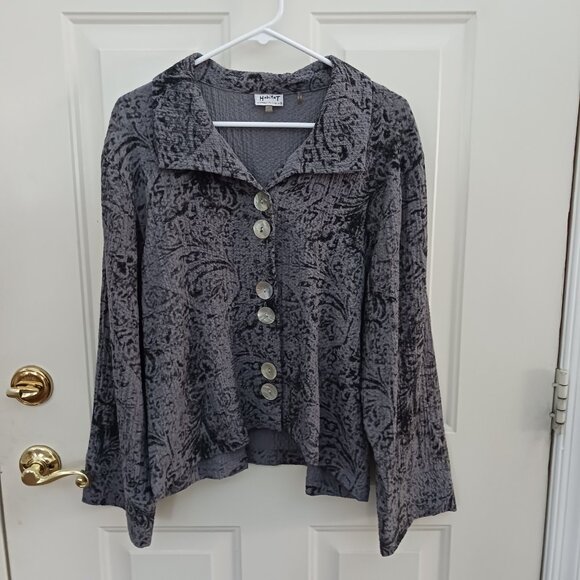 Habitat Women Button Front Jacket Large Crinkle Textured Gray Casual Lagenlook - Picture 1 of 6